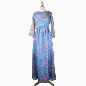 Vintage 70s maxi dress festival floral psychedelic sheer handmade blue sz S/M
